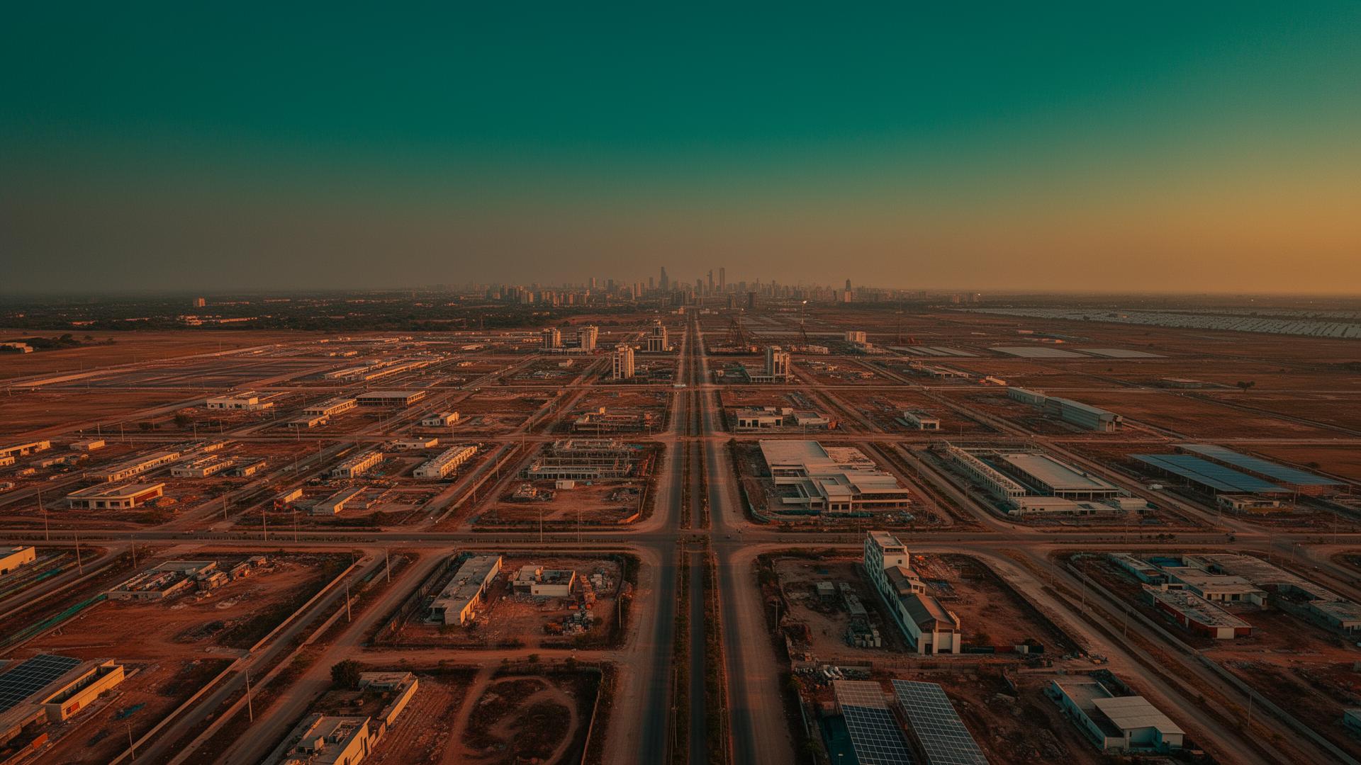Aerial twilight view of Dholera Smart City under construction